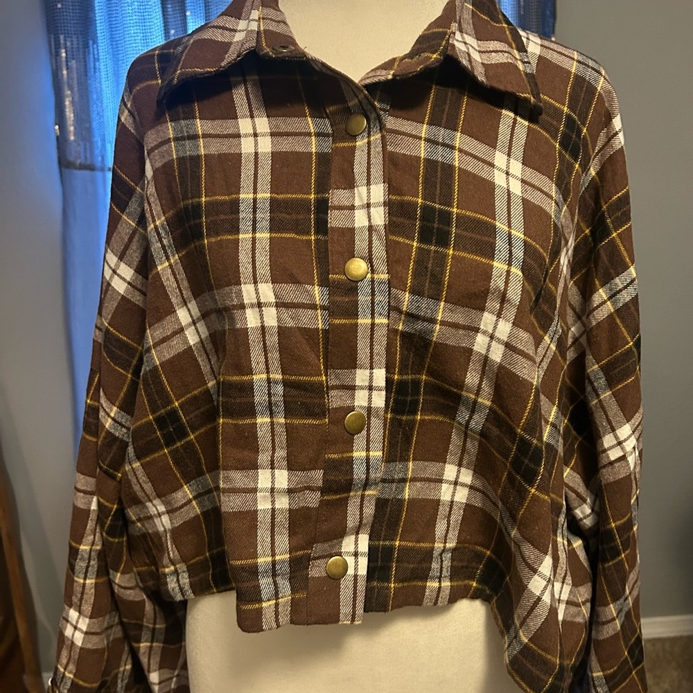 Brown Plaid Button-Down Shirt for Women